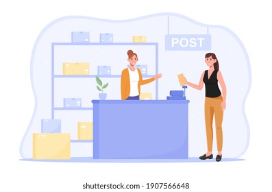 Female character is receiving parcel from mail service worker. Postman giving mail to woman. Woman came to the postoffice to get her order. Flat cartoon vector illustration