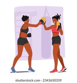 Personaje Femenino Recibiendo Orientación Personalizada Y Apoyo De Entrenadores Personales Durante La Sesión De Entrenamiento De Boxeo Para Lograr Objetivos De Aptitud Eficaz Y Eficientemente. Ilustración de vectores de personas de caricatura