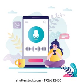 Female character record voice messages. Woman asks for help from voice assistant. Girl sits near screen with microphone and sound waves. Concept of ai technology and app interface. Vector illustration
