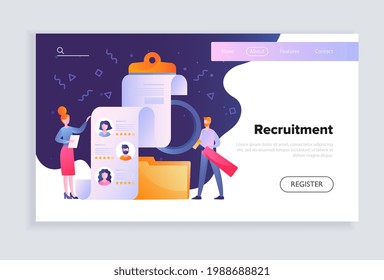 Female character is recruiting people as human resources manager. Concept of recruitment and job management. HR occupation. Website, web page, landing page template. Flat cartoon vector illustration