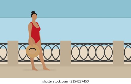 Female character in a red swimsuit and with a hat in hand stands barefoot on the embankment