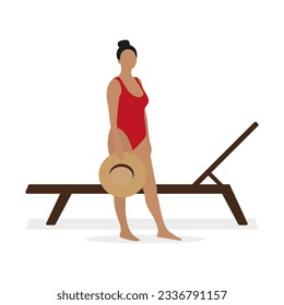 Female character in a red swimsuit and with a hat in hand stands barefoot near the sun lounger on a white background