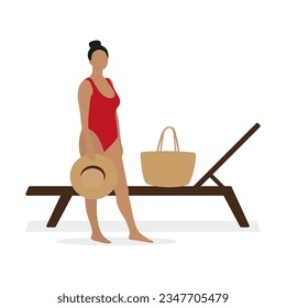 Female character in a red swimsuit and with a hat in hand and beach bag stands barefoot near the sun lounger on a white background
