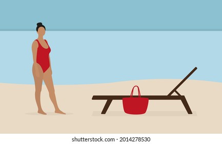 Female character in a red swimsuit stands on the beach near a sun lounger and a bag