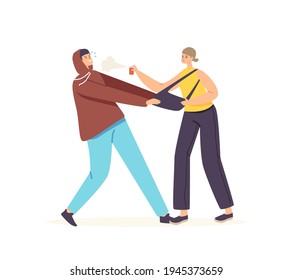 Female Character Reflecting Robbery Attack Spraying Gas Balloon in Face to Bandit Pulling her Bag. Self Defense for Protection Life. Combat Education for Girls. Cartoon People Vector Illustration