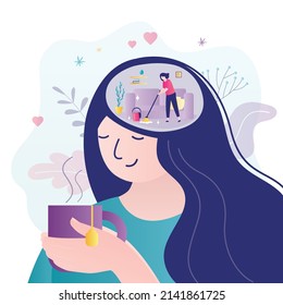 Female character rejoices in purified mind. Cleaning woman puts things in order in brain. Cute girl improved mental health with therapy. Concept of psychotherapy and sanity. Flat vector illustration