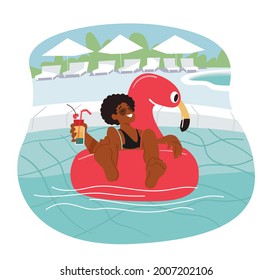 Female Character Relax at Poolside Floating on Inflatable Ring in Swimming Pool and Drinking Cocktail. Summertime Leisure, Vacation. Young Happy Woman Relaxing on Resort. Cartoon Vector Illustration