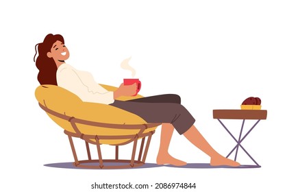 Female Character Relaxing in Comfortable Soft Round Chair with Coffee or Tea Cup in Hands. Woman Enjoying Weekend Relax at Home Sitting in Fashionable Furniture. Cartoon Vector Illustration - Shutterstock ID 2086974844