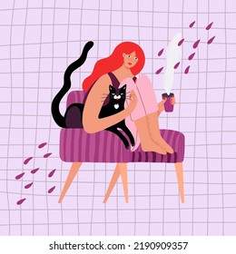 Female character relaxing in comfortable soft chair with coffee or tea cup with cat in arms. Woman enjoying weekend relax at home sitting in stylish chair. Hand drawing vector illustration
