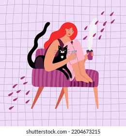 Female character relaxing in comfortable soft chair with coffee and phone, with cat in arms. Gadgets concept: send messages, chat on the phone, check mail. Hand drawing vector illustration