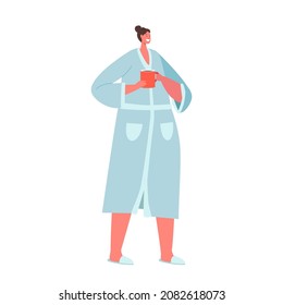 Female Character Relaxing with Mug in Hands Drinking Hot Beverage. Young Adorable Woman Wear Home Robe Enjoying Cup of Tea or Coffee. Leisure, Coffee Break, Resting. Cartoon Vector Illustration