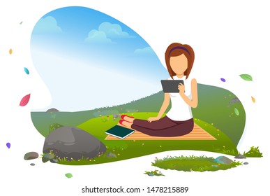 Female character relaxing in spring vector, woman reading book on electronic device. Travel and leisure on weekends, traveler sitting on blanket flat. Mountain tourism