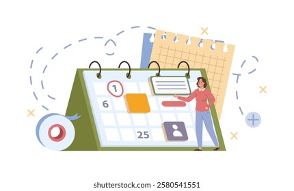 Female character rescheduling tasks and deadlines in calendar or planner. Vector isolated worker with organizer filled with project details, memos and meeting appointments. Work tolls for business