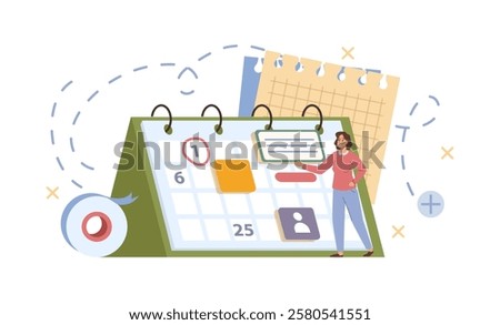 Female character rescheduling tasks and deadlines in calendar or planner. Vector isolated worker with organizer filled with project details, memos and meeting appointments. Work tolls for business