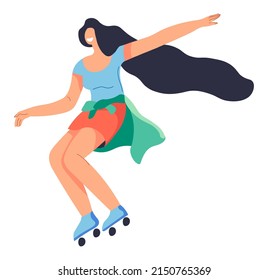 Female character resting by practicing roller skating. Isolated teenager girl with cheerful expression on face. Summer activities and relaxation, recreation and sportive hobby. Vector in flat