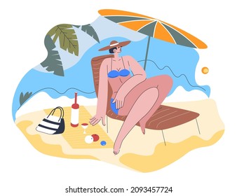 Female Character Resting By Seaside Laying Under Umbrella In Shade. Woman In Swimsuit Wearing Hat Protecting From Sun, Lady With Wine And Bag On Sand. Summertime Rest And Fun. Vector In Flat Style