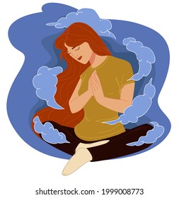 Female character resting soul and body, meditation and concentration. Isolated woman sitting in asana pose doing yoga. Sporty lady in sportswear thinking of positivity and health. Vector in flat style