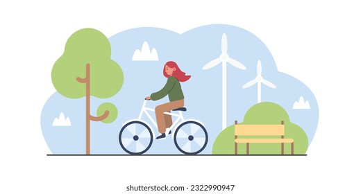 Caracter femenino monta en bicicleta, molinos de viento producen energía ecológica. Producción de energía sin contaminación del aire, cuidado de la naturaleza. Imagen vectorial de color en estilo plano. Infraestructura urbana moderna