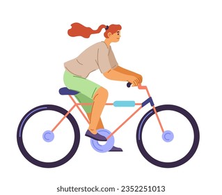 female character riding bicycle, isolated woman on bike using ecologically friendly means of transport. Girl commuting to work, school or home. Eco environment awareness. Vector in flat style