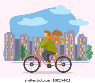 Female character riding bicycle on cityscape background. Woman leading active and eco friendly lifestyle. Personage on bike in city with skyscrapers and trees. Teenager in town, vector in flat