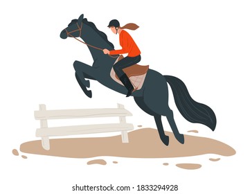 Female character riding horse on ranch, woman jockey sitting horseback training for competition or tournament. Equine sports or hobbies, active lifestyle and recreation, dressage vector in flat