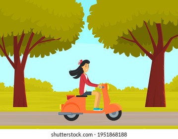 Female character riding scooter on road in city park. Woman drives orange moped on street outdoors