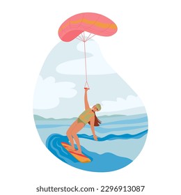 Carácter Femenino Montando Olas Y Viento, El Surfista De Cometas Aprovecha Una Cometa Para Lanzar Al Aire Y Manejar En El Agua, Realizando Trucos Y Saltos Con Velocidad Y Habilidad. Ilustración de vectores de personas de caricatura