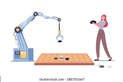 Female Character and Robot Arm Playing Gobang or Go Game Board Put Black and White Stones on Typical Course. Human and Cyborg Play Traditional Chinese Strategy Game. Cartoon Vector Illustration