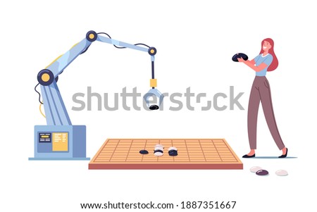 Female Character and Robot Arm Playing Gobang or Go Game Board Put Black and White Stones on Typical Course. Human and Cyborg Play Traditional Chinese Strategy Game. Cartoon Vector Illustration