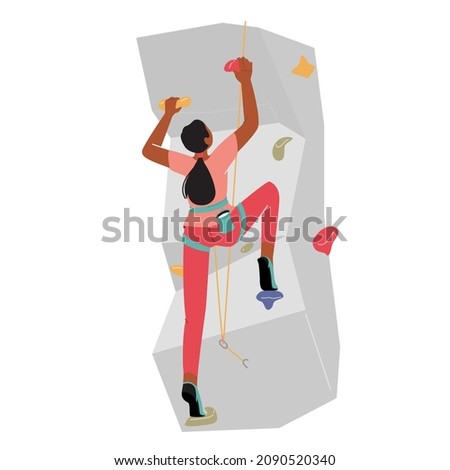 Female Character Rock Climber Climbing Wall with Grips, Sportive Girl in Rope Harness Healthy Life and Extreme Activity, Training or Competition, Woman Climb Up. Cartoon People Vector Illustration