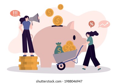 Female character rolls cart with gold coins. Business woman with megaphone encourages to invest. Girl investing or save money. Concept of investment and finance management. Flat vector illustration
