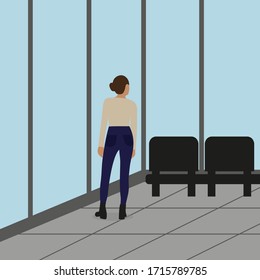 Female character in a room with armchairs and panoramic windows