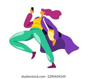 Female character running, busy woman with a smartphone in hands looking at screen. Boss or manager on feet, rushing girl wearing stylish fashionable clothes going to work. Vector in flat style