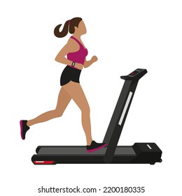 Female character running on a treadmill isolated on white background