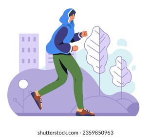 Caracter femenino corriendo, mujer haciendo footing en la ciudad. Personaje deportivo liderando la formación activa en el estilo de vida y el entrenamiento. La deportista se mantiene en forma o pierde peso. Vector de estilo plano