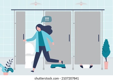 Female character runs into free toilet stall. Woman goes to urinate or poop in public toilet. Girl was impatient to pee in restroom. People pooping or urine in lavatory. Flat vector illustration