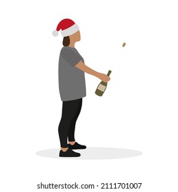 A female character in a santa hat opens a bottle of champagne on a white background