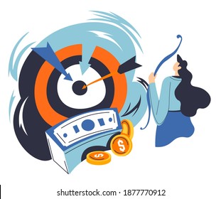 Female character saving money or planning budget rationally. Woman with bow and arrows hitting target. Banknotes and coins, management and investment of financial assets. Vector in flat style