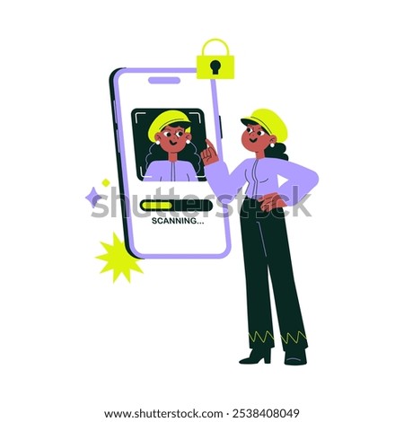 Female Character Scanning Face On Smartphone Screen In Flat Vector Illustration Symbolizing Facial Recognition And Security, Isolated On White Background