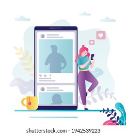 Female character scrolls tape on social networks. Different posts in social media on smartphone screen. Cute woman surfing Internet. Girl scrolling the news in app. Trendy flat vector illustration