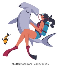 Female character scuba diving, woman underwater with hammerhead shark and tropical or exotic fish floating. Isolated girl in flippers, googles and oxygen balloon on back. Vector in flat style