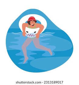 Female Character in Sea. Girl Joyfully Swims In A Colorful Inflatable Ring, Surrounded By Refreshing Water, Creating Moments Of Fun And Relaxation In The Summer Sun. Cartoon People Vector Illustration