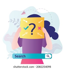 Female character is in search of herself. Woman holding paper with question mark on it. Search bar. Concept of self-awareness and personal growth. Self-knowledge, self-identity. Vector illustration