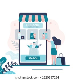 Female character searching and chooses natural products in online store. Various organic cosmetics on smartphone screen. Concept of e-commerce, skincare and business. Trendy flat vector illustration