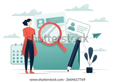 Female character searching for file in folder. Manager office or HR with confident docs flat illustration