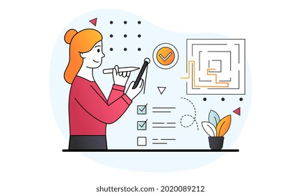 Female character searching for labyrinth exit plan and drawing navigation path line from question to answer. Business solution as messy maze solving skill or strategy. Flat cartoon vector illustration