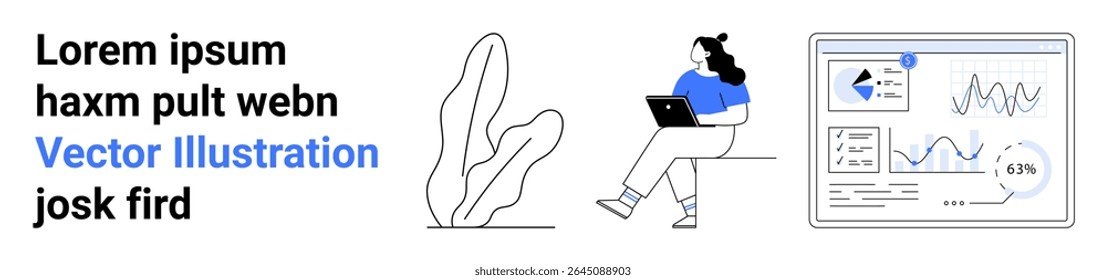 Female character seated with laptop, analyzing data on screen, abstract plant beside, analytics, digital tools, professional environment. Ideal for data analysis, tech, digital marketing, education