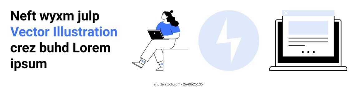 Female character seated with laptop, blue lightning bolt icon, laptop screen displaying webpage. Ideal for tech, productivity, remote work, UX design, online learning, software development, startups