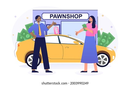 Female character selling her car in pawnshop. Concept of pawnshop quick cash collateral loan for automobile. Female customer getting bag of money in exchange for car. Flat cartoon vector illustration