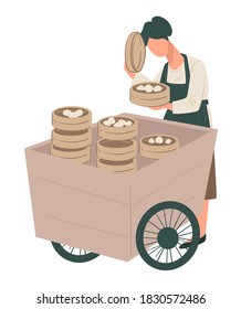 Female character selling homemade dumplings, chinese cuisine and dishes. Isolated chef with traditional oriental meal made from meat and dough. Asian dim sum, vector in flat style illustration